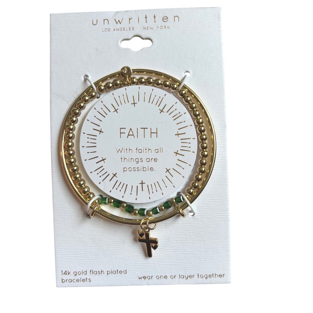 Unwritten 14k Gold Flash Plated Faith Cross Bracelet Set Green Beads 2pc New
